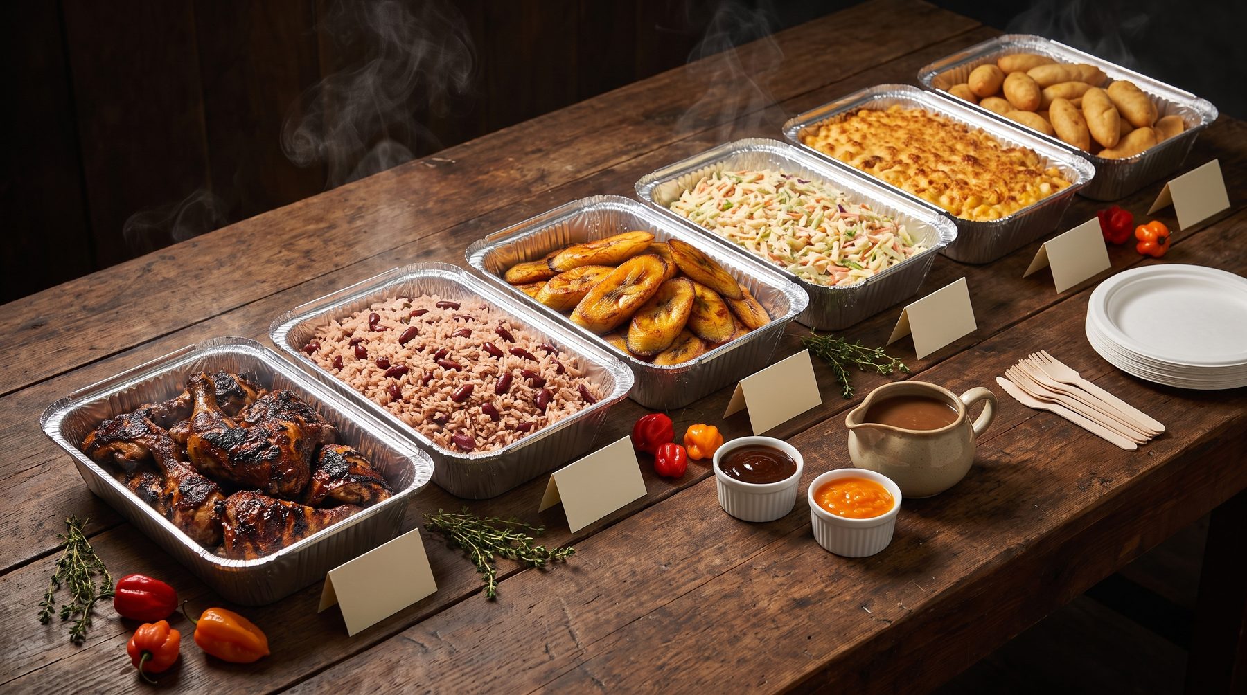 A Jerkeez catering buffet in serving trays