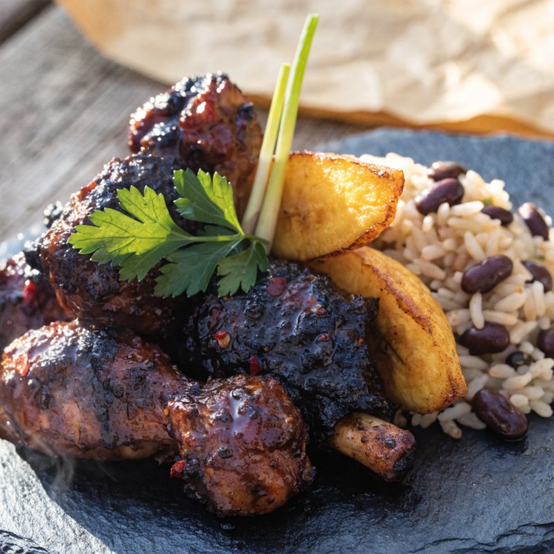 Jerkeez 876 signature jerk chicken, smoky, charred, Jamaican